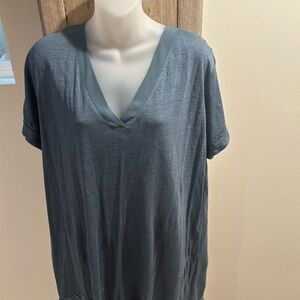 Wrap London Slate Blue / Gray V-Neck Top size 16, Linen w/ polyester trim